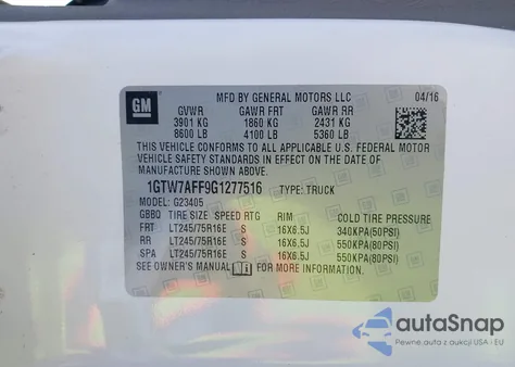 2016 GMC Savana 2500 Work Van from USA, damaged, VIN 1GTW7AFF9G1277516